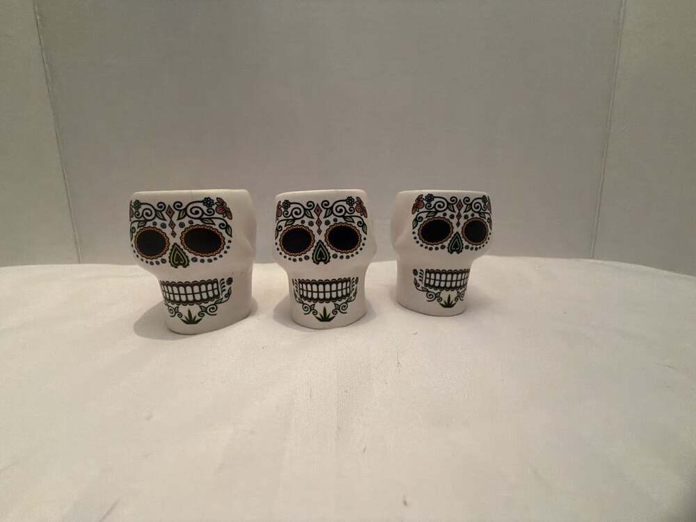 Tequila Exotico Sugar Skull Ceramic Shot Glass Set of 3